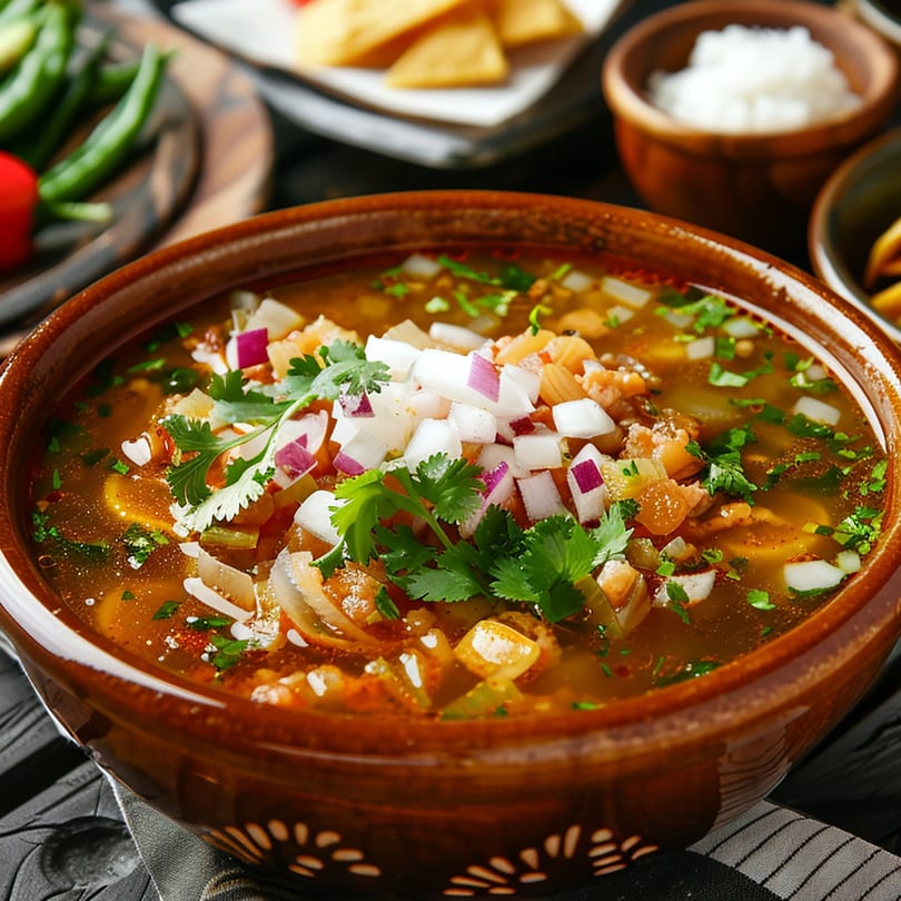 Hearty Mexican soup in a brown bowl, garnished with diced onions and fresh cilantro.